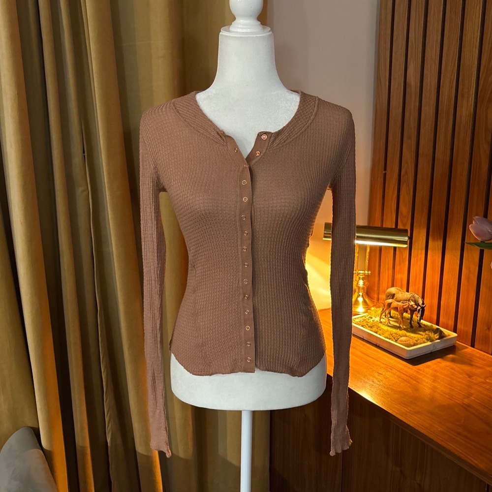 Intimately Free People Waffle Knit Snap Front Thermal Cardigan Mauve Brown XS